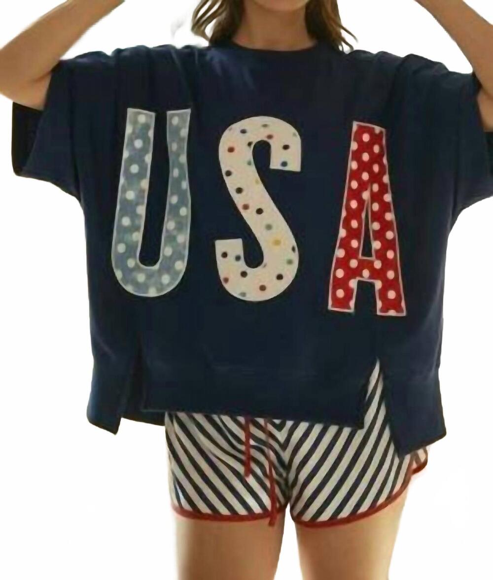 NEW LOVLOV 4th of july polka dot usa lettered patch work top in navy